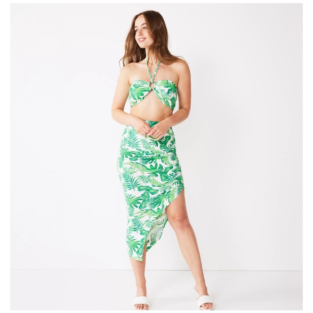 Almost Famous O-Ring Halter Bandeau & Ruched Asymmetrical Skirt Palm Tree Size M
